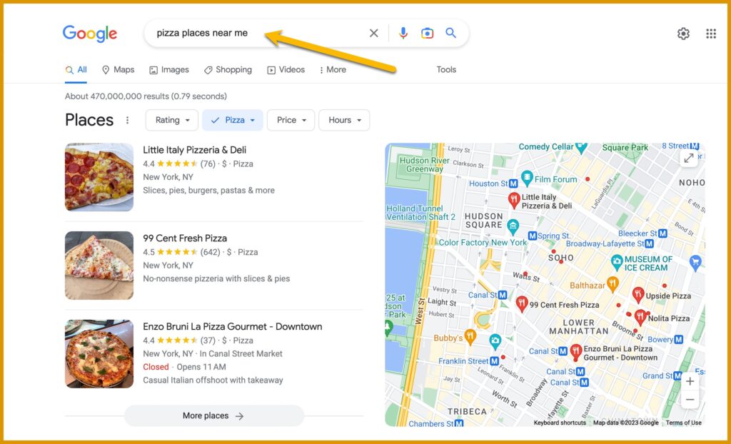 Picture of a google search of "pizza places near me" and showing the results.